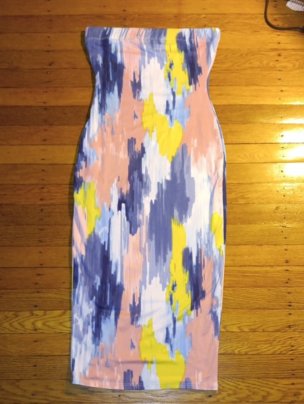 Black Bead Strapless Midi Dress in Pink, Blue & Yellow